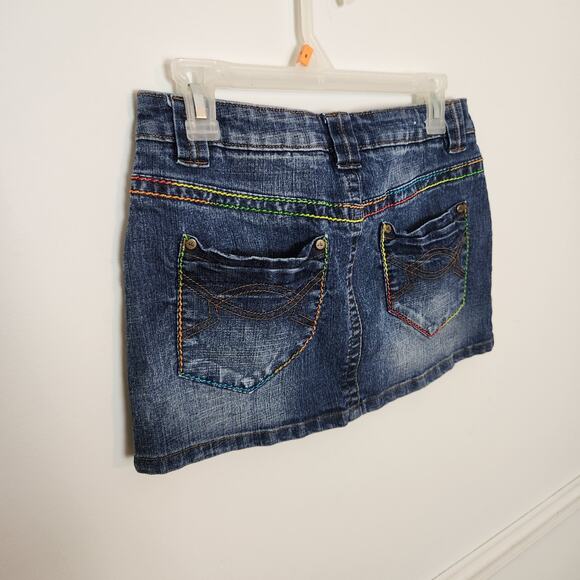 Y2K Denim Skirt Sz Medium Juniors Micro Mini Jean Rainbow Stitch Low Rise Blue - Picture 8 of 12